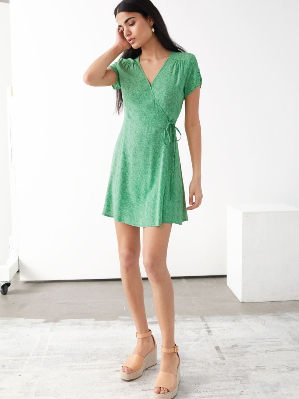 & Other Stories Micro Floral Mini Wrap Dress Green White Size 8